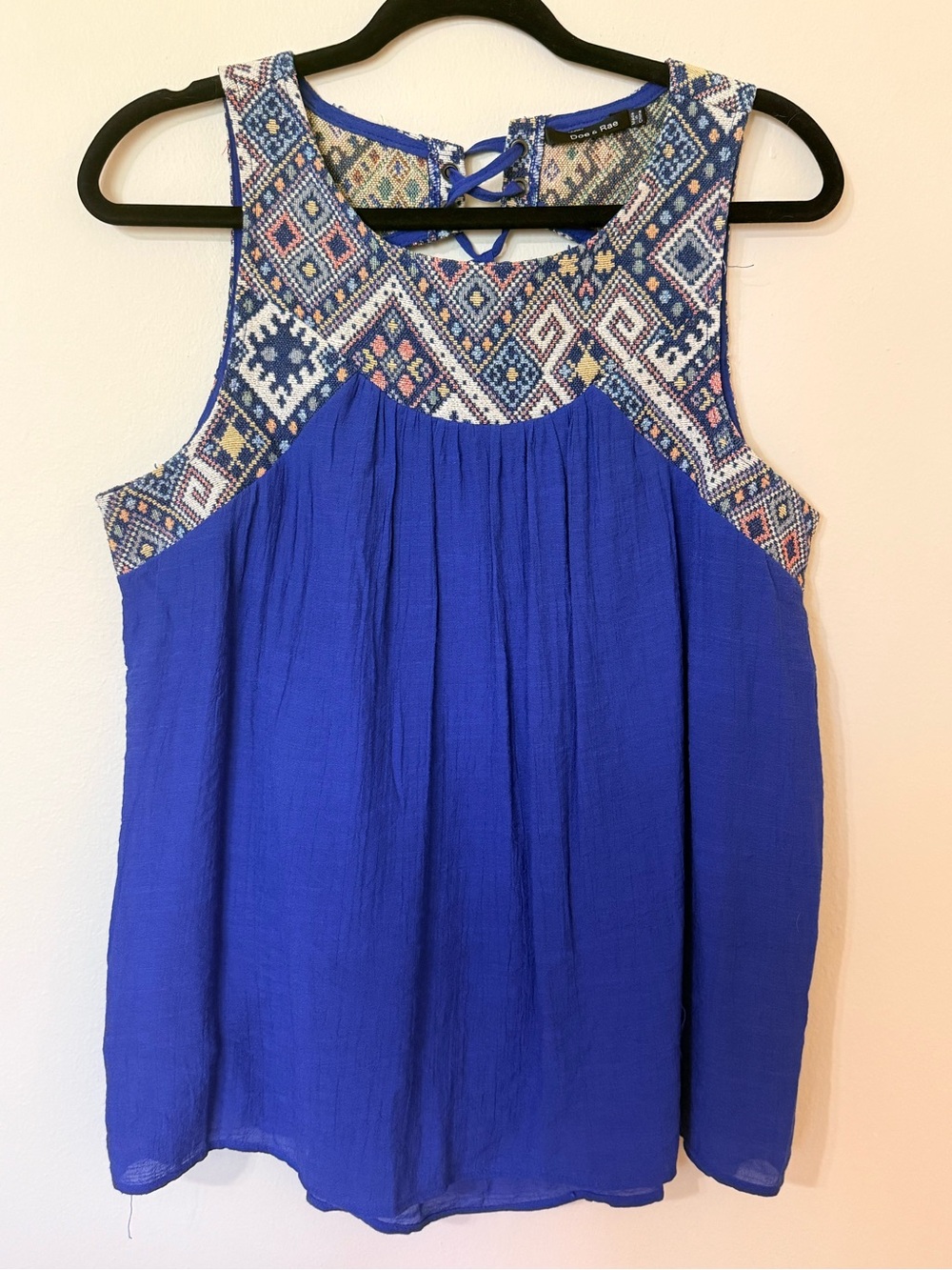 Doe & Rae Royal Blue Embroidered Yoke Tank